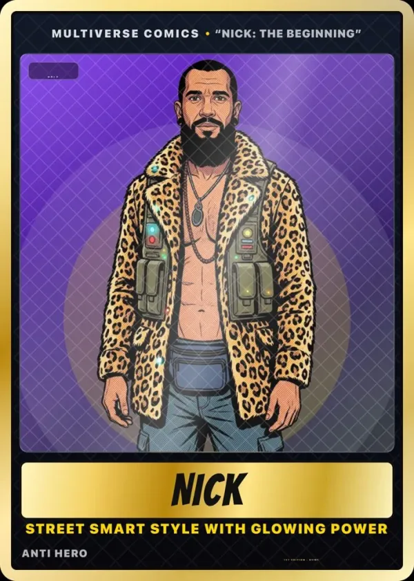 A holographic hero trading card