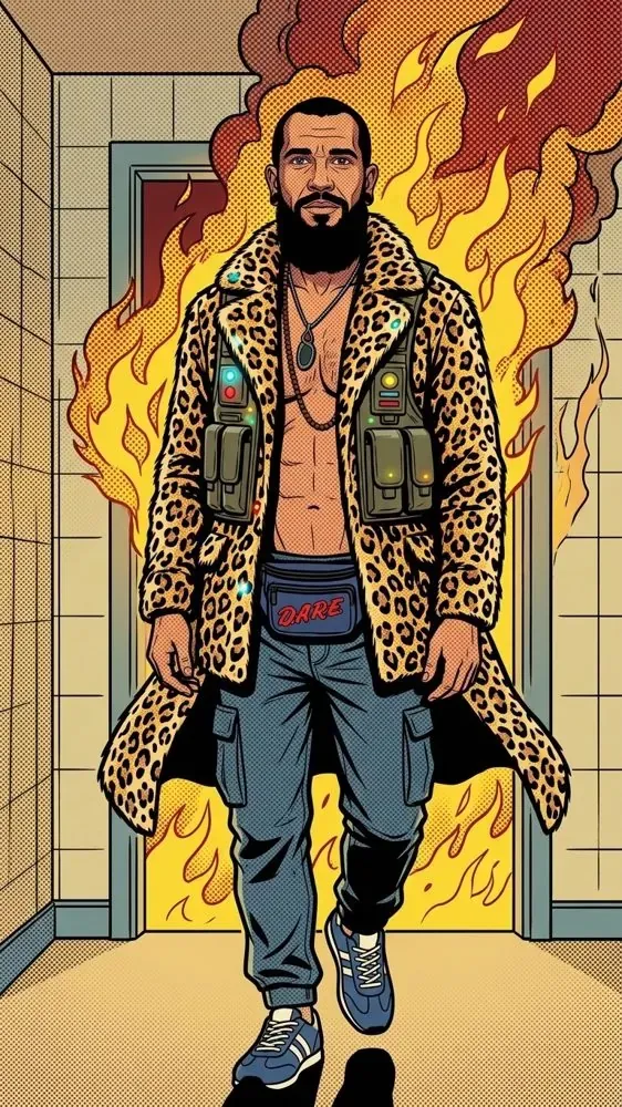 A full-page panel from deep in the same comic, the same man walking out of flames