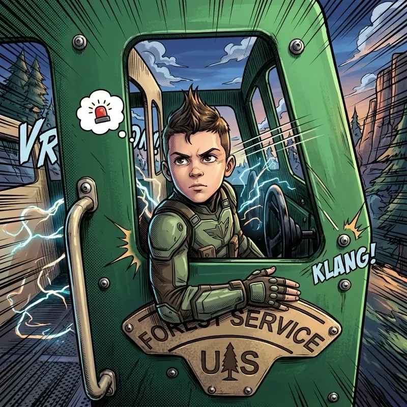 A boy drawn as a comic hero, bursting out of a green Forest Service truck window