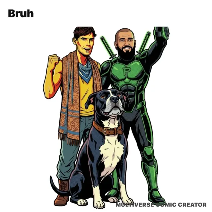 A sticker-style meme of two heroes and their dog, captioned Bruh
