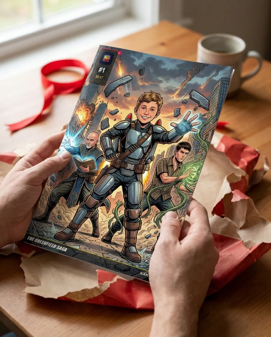 Illustration of a printed comic book being unwrapped