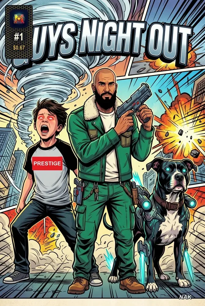 Cover: Guys Night Out, starring a boy, a bearded man in a green track suit, and their dog