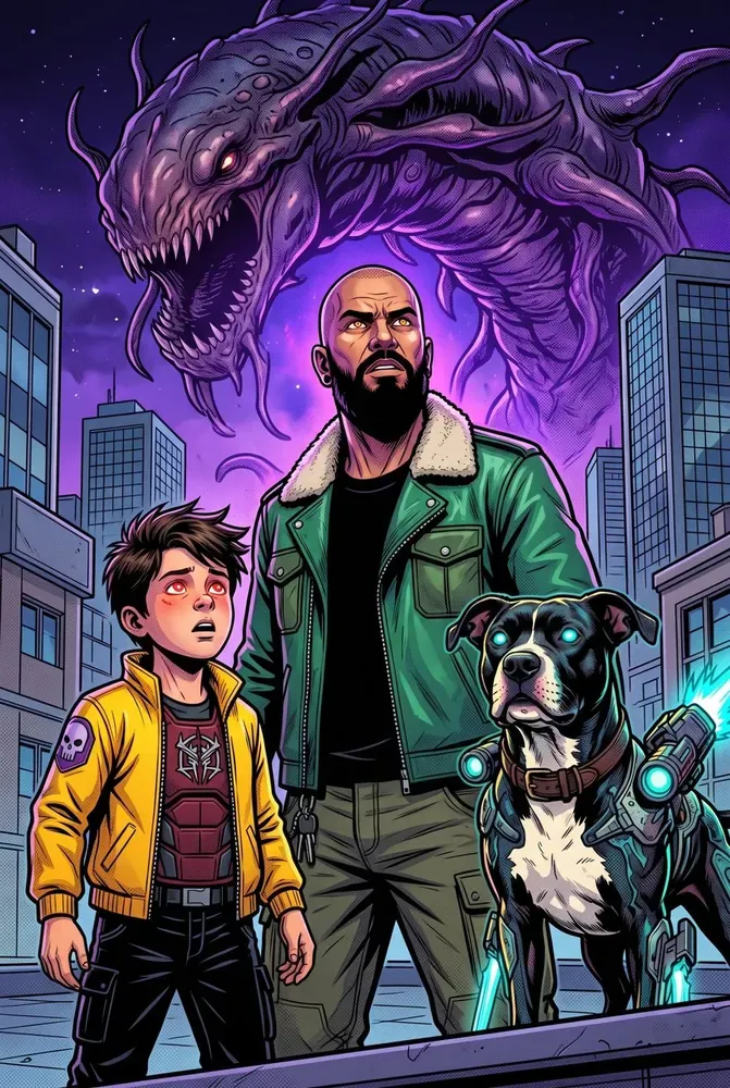 Full-page splash: the heroes face a purple monster over the city