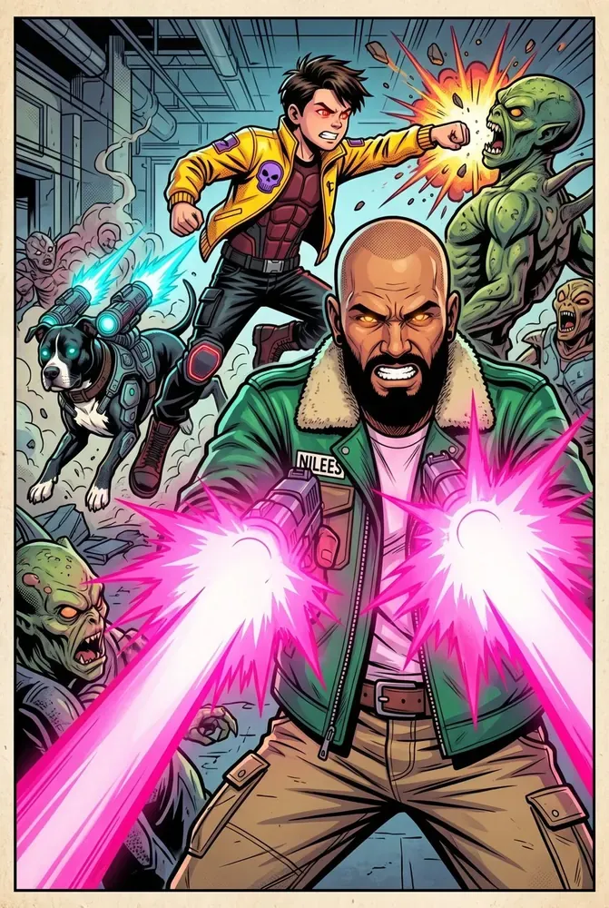 Full-page splash: the bearded hero fires pink energy blasts
